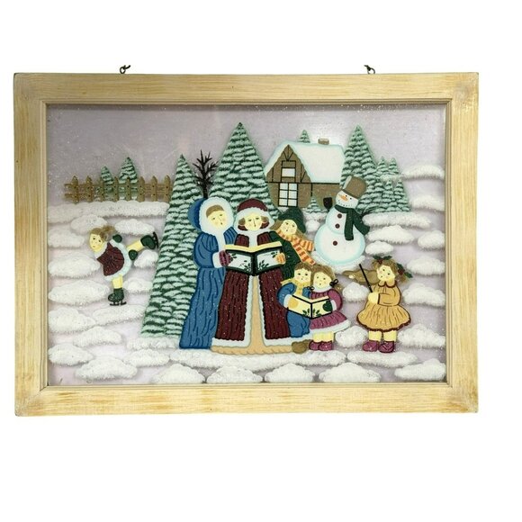 Winter Holiday Framed Hand-Painted Wall Window Hanging Carolers Snowman Skater - Picture 7 of 7